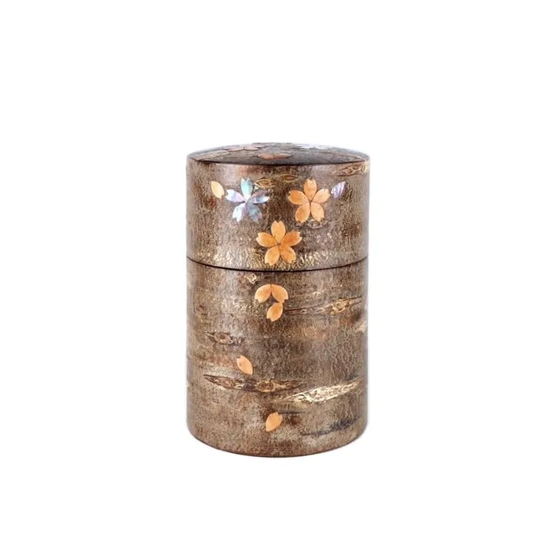 Fujiki Denshiro: 34384 Frosted Sakura Bark Chazutsu - Sakura design with Raden 総皮茶筒(中長)霜降皮 貝入散花