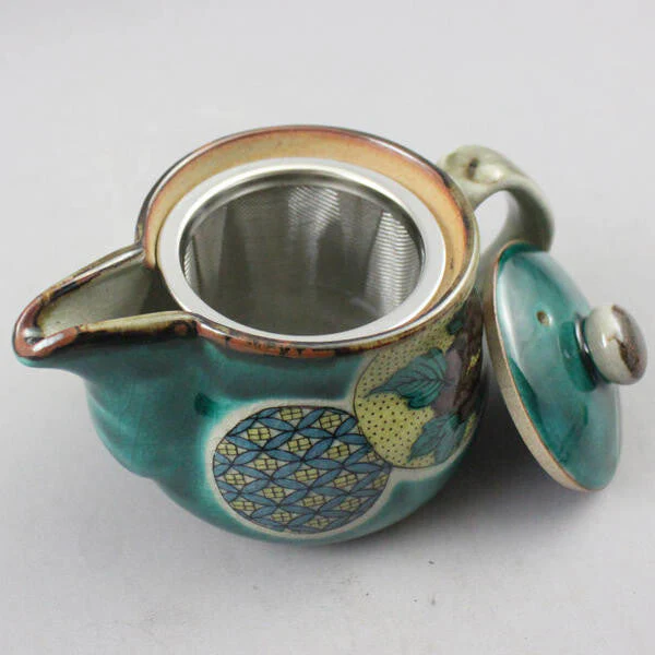 Kutaniyaki Kutsurogi Tea Set - Green Background with Marumon Pattern - Image 4