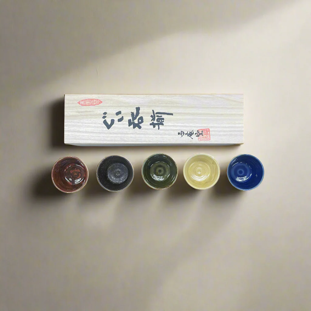 Seiangama: Carved Design Mino-yaki Guinomi Cup 5 Piece Set with Wooden Box εγδΊζ§γγεζ - Image 3