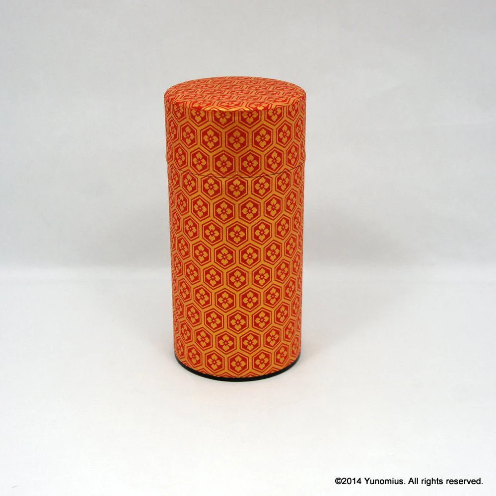 Okumura Seikan: Green Tea in Tea Canister, Chiyogami Washi Paper, Red and Gold Tortoiseshell Pattern (size for 175g sencha) 亀甲/赤