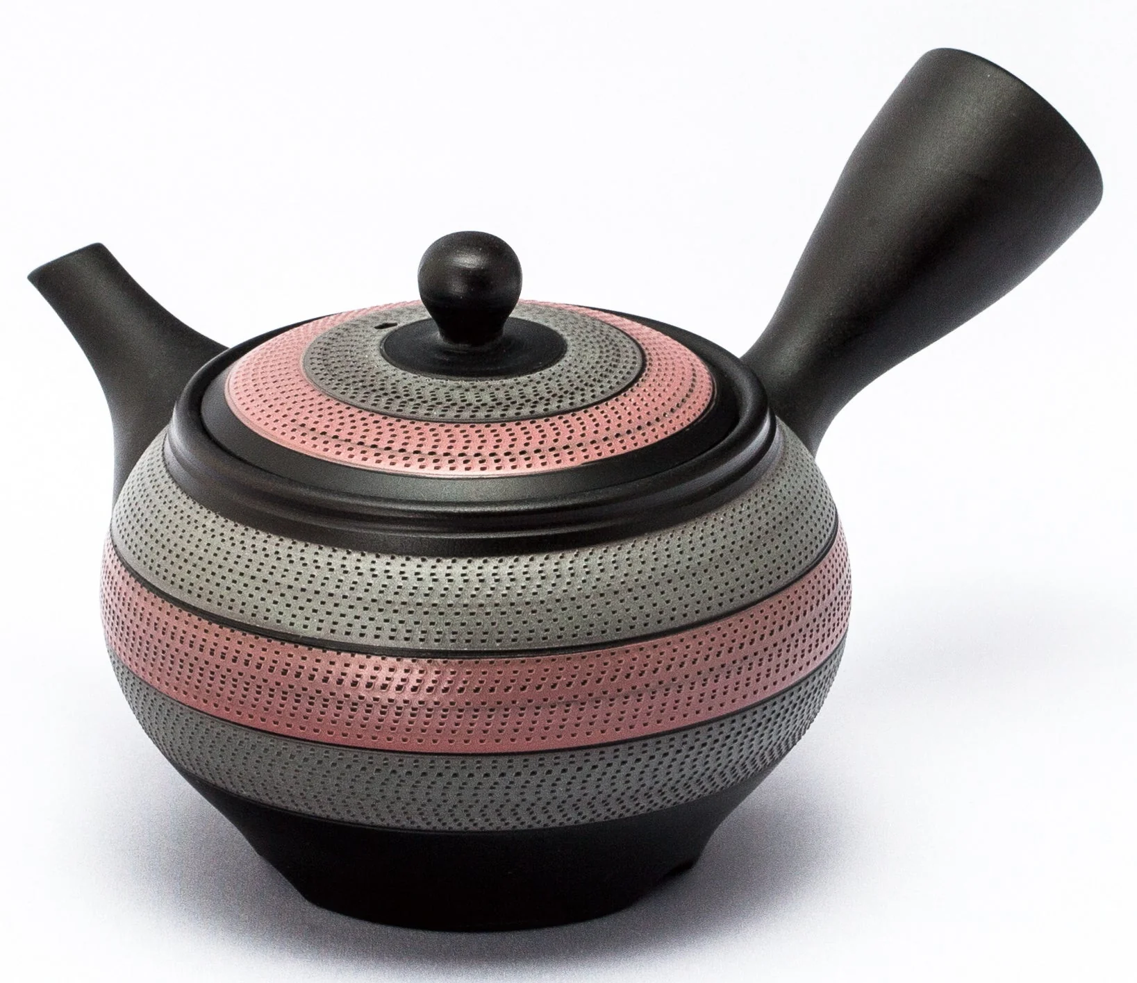 Tousei Kiln: Left-handed Silver & Pink Striped Tokoname Kyusu Tea Pot, 330 ml 【陶聖】2色ルレット左手急須
